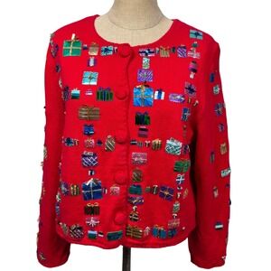 VTG Michael‎ Simon Red Ugly Christmas Cardigan L Sequins Gift Presents Appliques